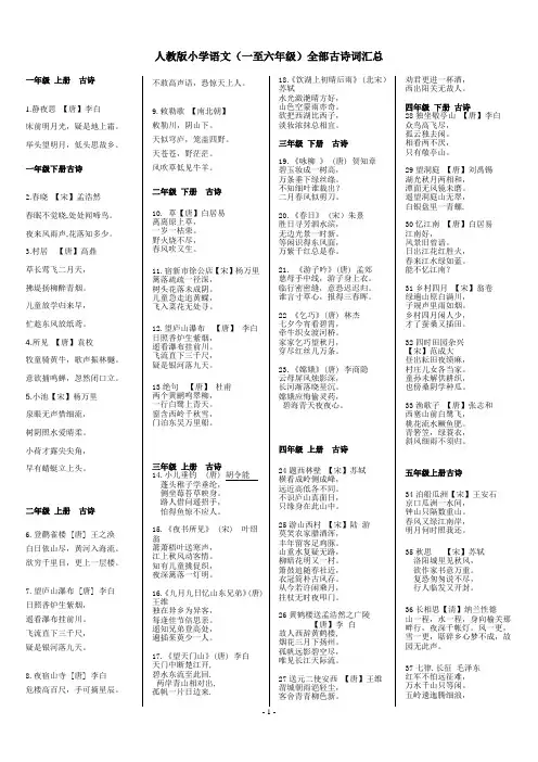 人教版小学语文(一至六年级)全部古诗词汇总