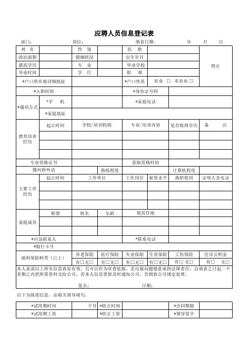 应聘人员信息登记表