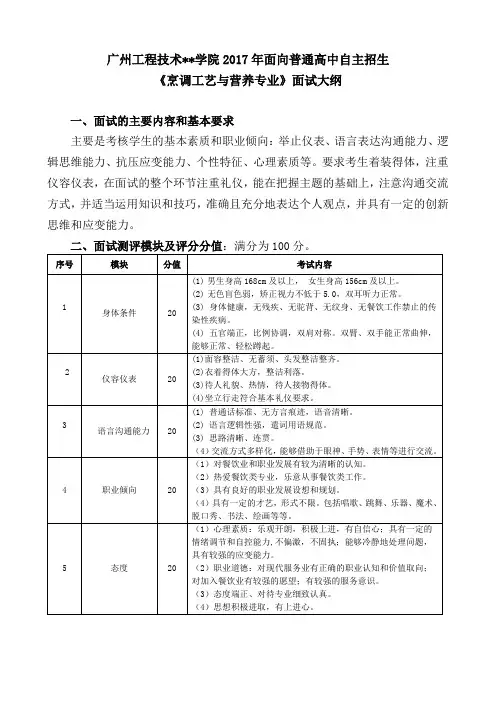 广州工程技术职业学院2017年面向普通高中自主招生《烹调工艺与营养专业》面试大纲【模板】