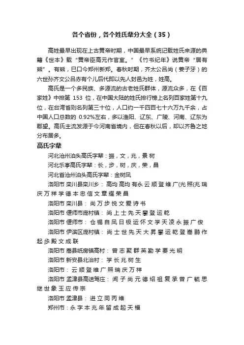 各个省份，各个姓氏辈分大全（35）