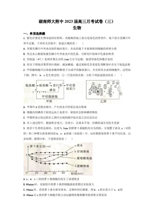 2022-2023学年湖南师范大学附中高三上学期月考(三)生物试题