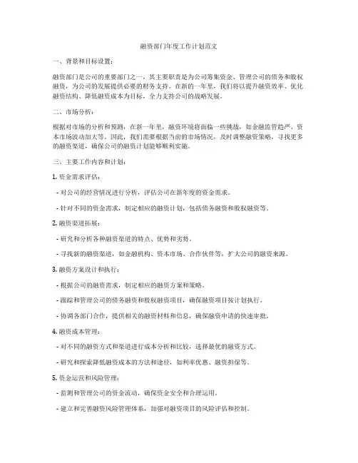 融资部门年度工作计划范文