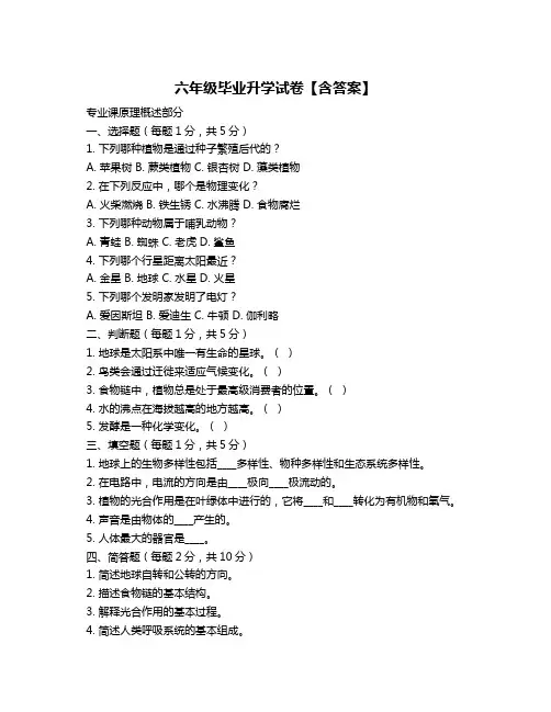 六年级毕业升学试卷【含答案】