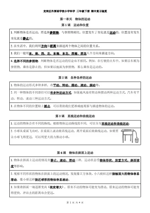 小学三年级下学期科学期末考试复习提纲(可直接打印)