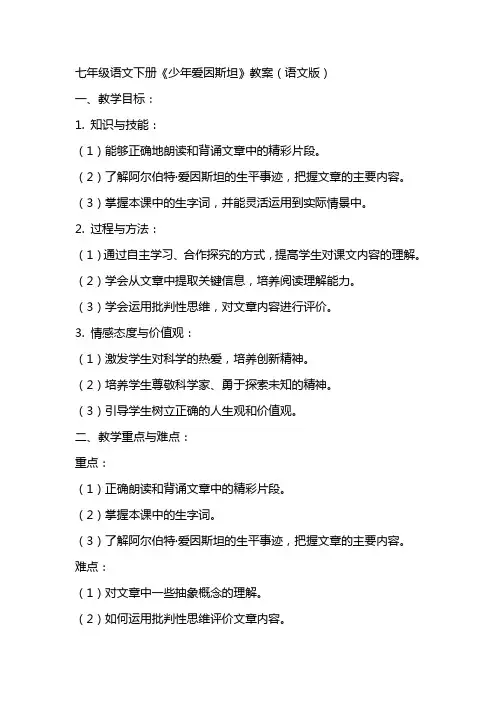 七年级语文下册少年爱因斯坦教案语文版