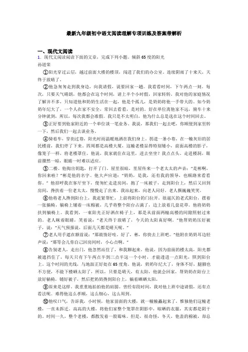 最新九年级初中语文阅读理解专项训练及答案带解析