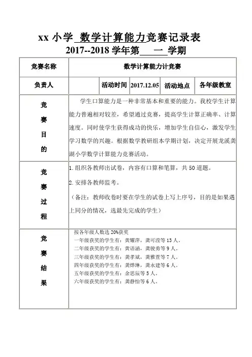 数学计算能力竞赛记录表