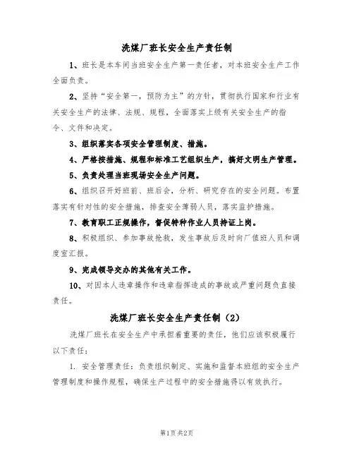 洗煤厂班长安全生产责任制(2篇)