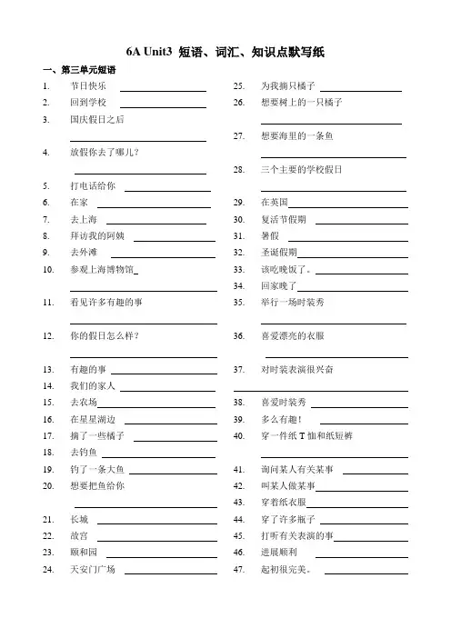 [译林版]6A Unit3 短语、词汇、知识点默写纸