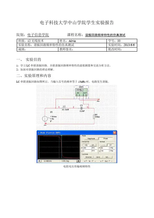 谐振回路频率特性的仿真测试