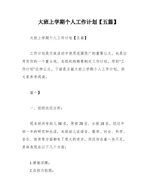 大班上学期个人工作计划【五篇】