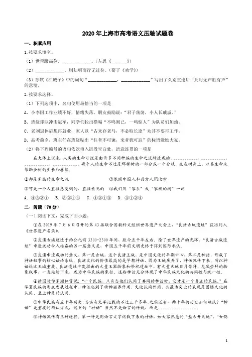 2020年上海市高考语文压轴试题卷附答案解析