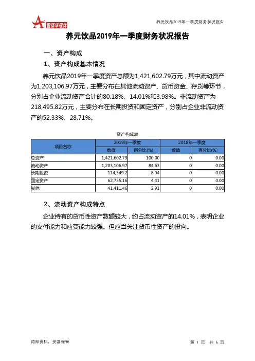养元饮品2019年一季度财务状况报告