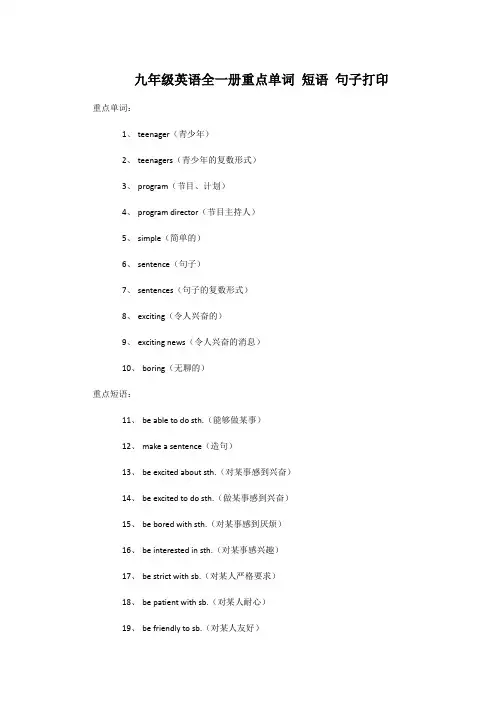 九年级英语全一册重点单词 短语 句子打印