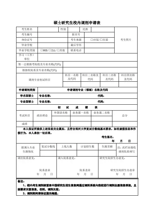 硕士研究生校内调剂申请表
