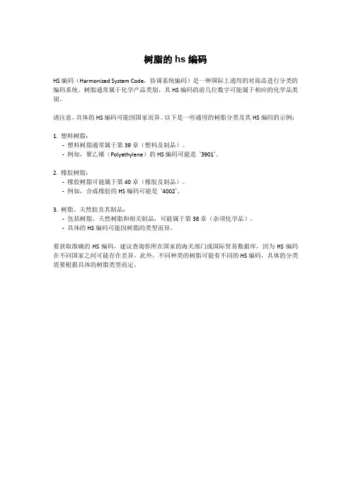 树脂的hs编码