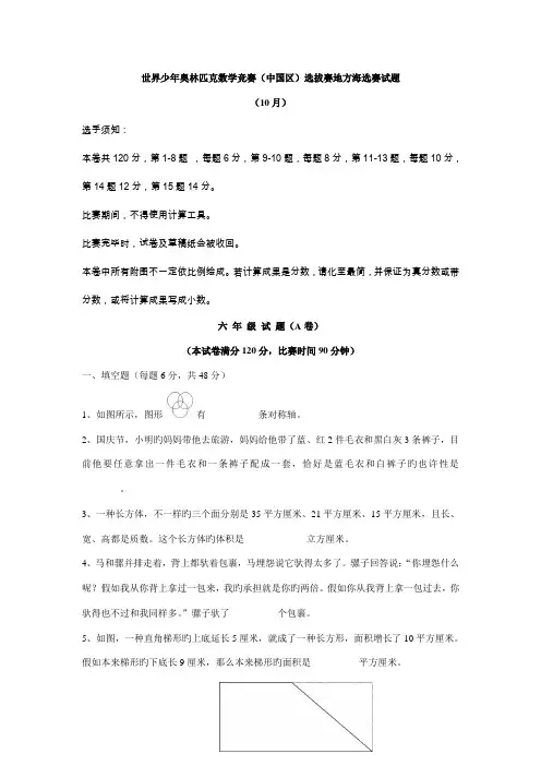 2023年世界少年奥林匹克数学竞赛中国区选拔赛年级试题