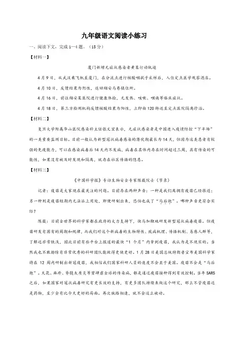 人教版语文中考语文专题训练：九年级语文阅读练习含答案