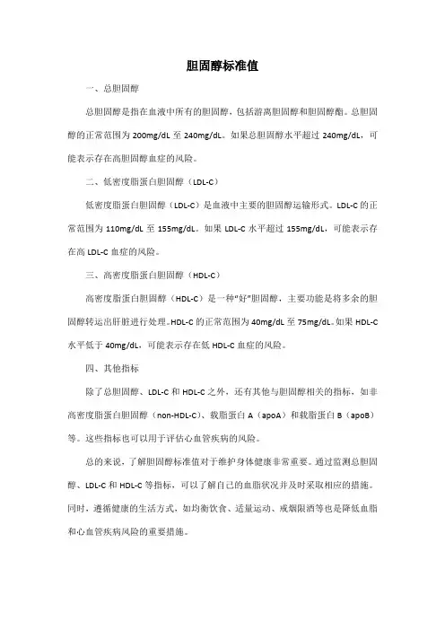 胆固醇标准值