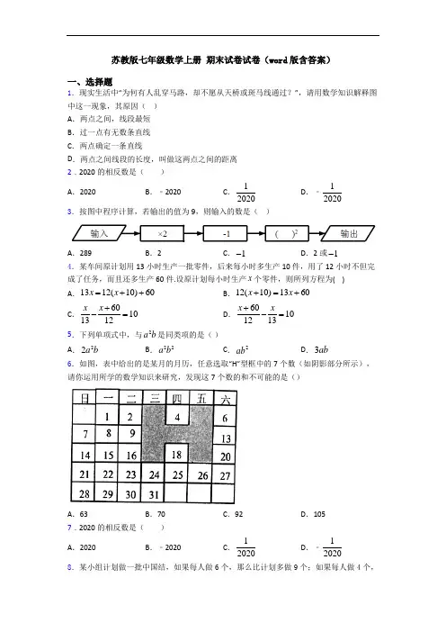 苏教版七年级数学上册 期末试卷试卷(word版含答案)