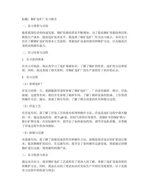 铜矿选矿厂实习报告