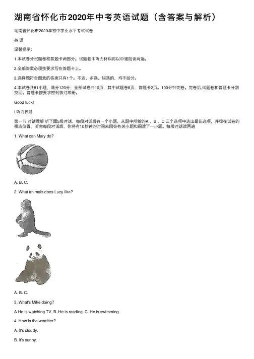 湖南省怀化市2020年中考英语试题（含答案与解析）