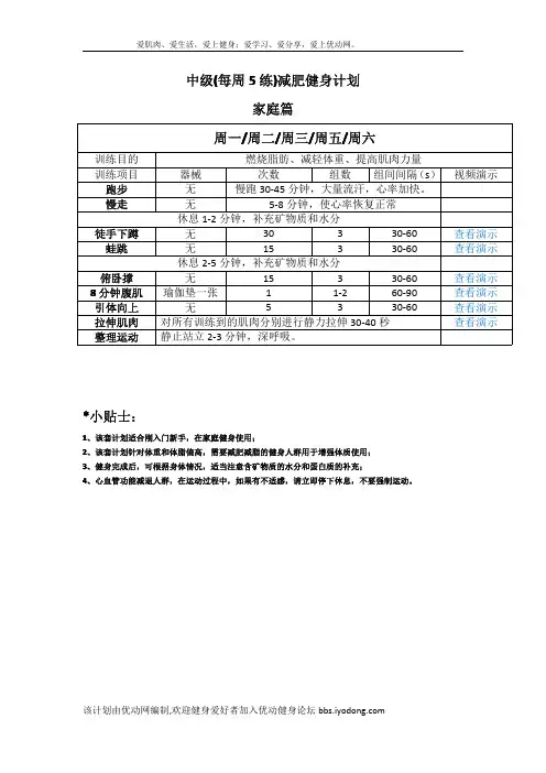中级(每周5练)减肥健身计划-家庭篇