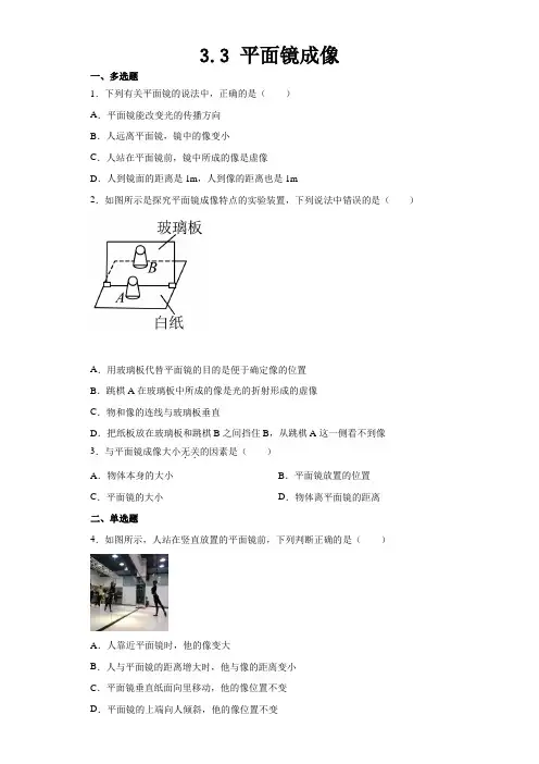 2023-2024学年鲁教版(五四制)物理八上同步教学 3.3 平面镜成像 同步练习