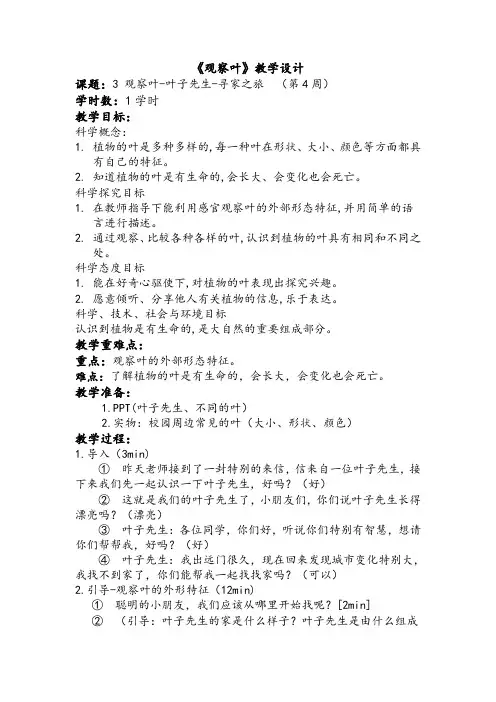 教科版小学科学一年级上册《观察叶》教案