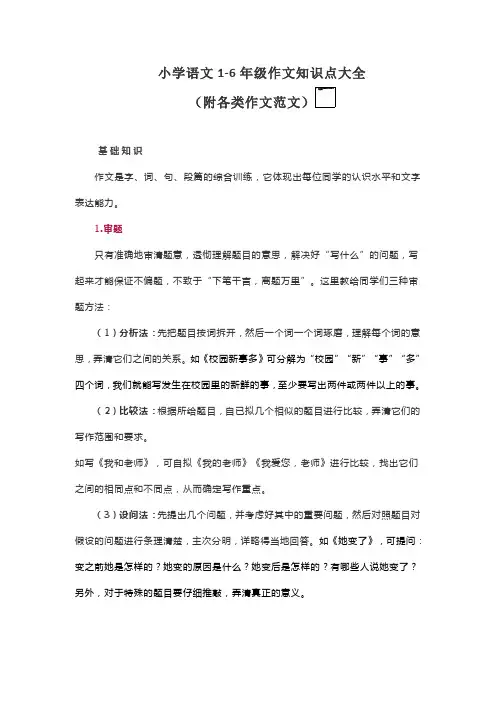 小学语文1-6年级作文知识点大全(附各类作文范文)
