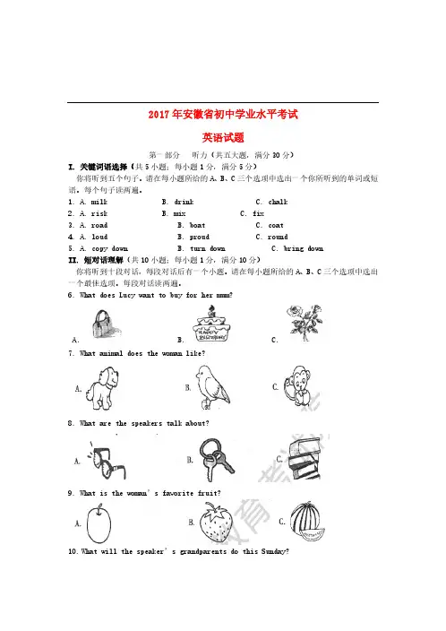 安徽省2017年中考英语真题试题(含答案)(真题卷)