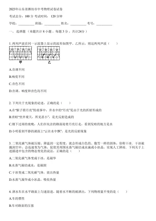 2023年山东省潍坊市中考物理试卷(含答案解析)043233