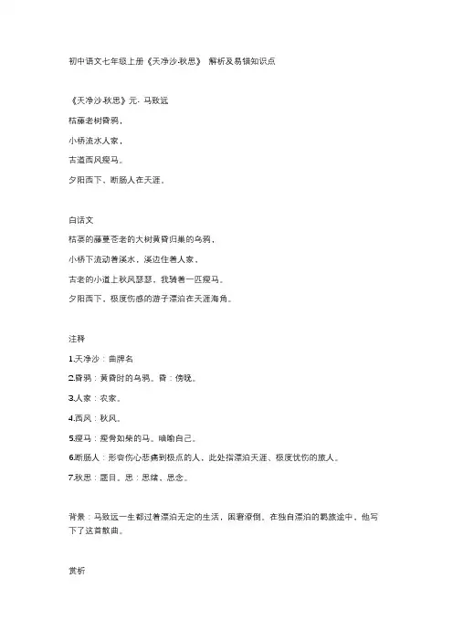 初中语文七年级上册《天净沙·沙秋思》 解析及易错知识点