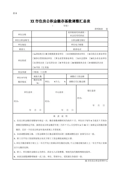 住房公积金缴存基数(年度)调整汇总表
