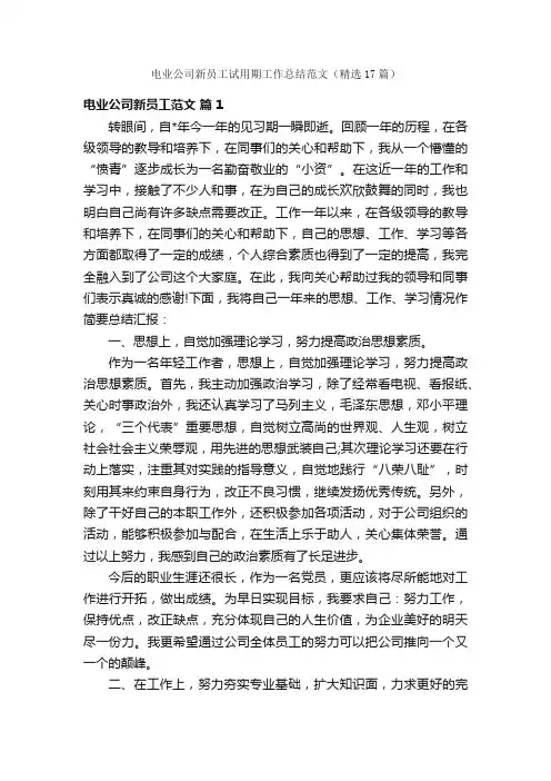 电业公司新员工试用期工作总结范文（精选17篇）
