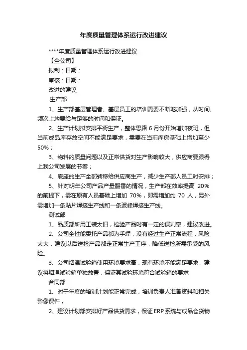 年度质量管理体系运行改进建议