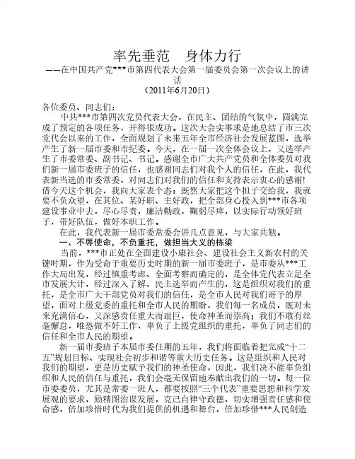 市委书记在第一次全委会上的讲话