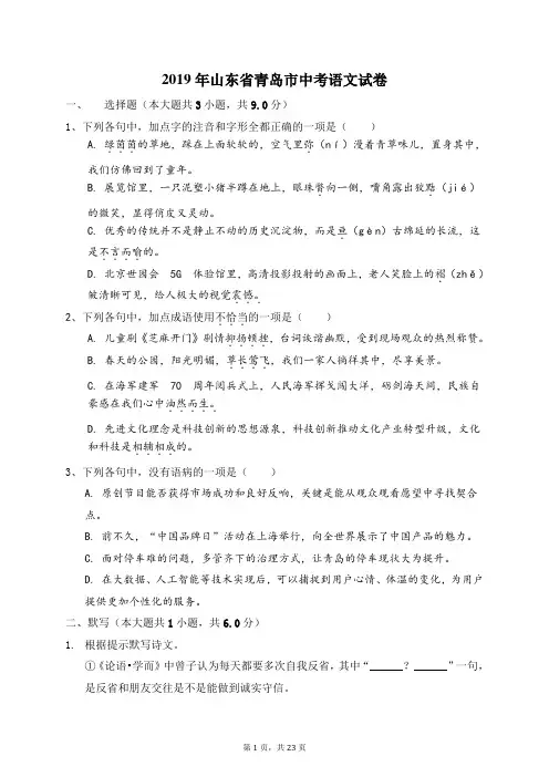 2019年山东省青岛市中考语文试卷(Word版、解析版)