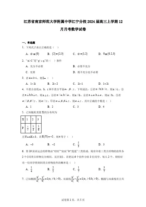 江苏省南京师范大学附属中学江宁分校2024届高三上学期12月月考数学试卷