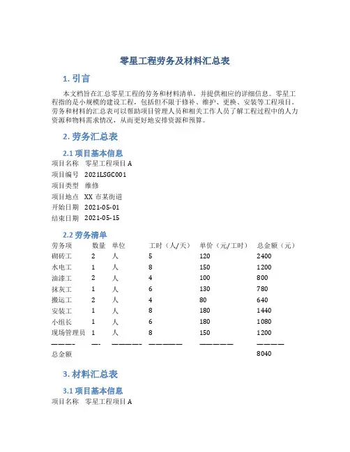 零星工程劳务及材料汇总表