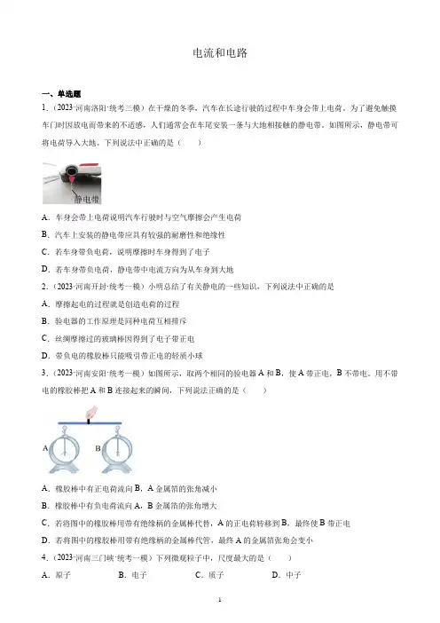 2023年河南省九年级物理中考模拟题分项选编：电流和电路