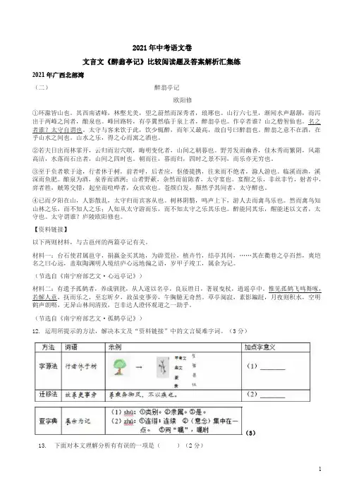 2021年中考语文卷文言文《醉翁亭记》比较阅读题及答案解析汇集练