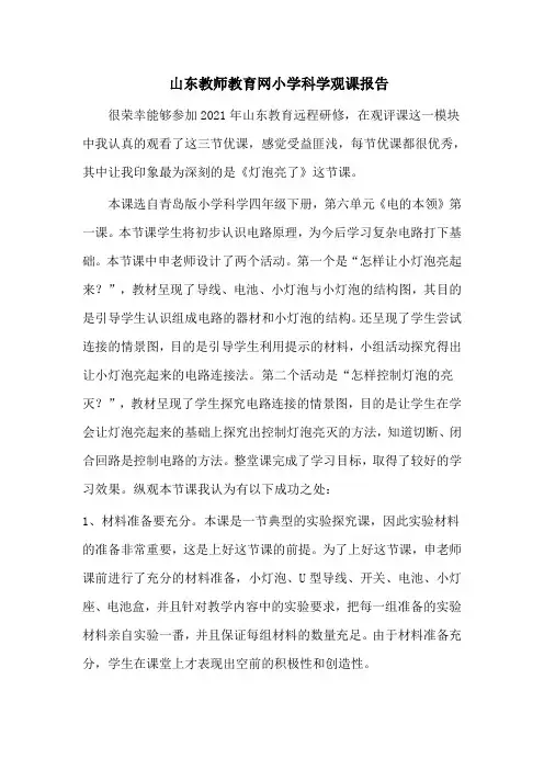 山东省继续教育远程研修小学科学观课报告
