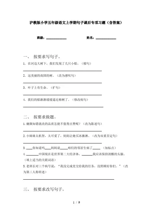 沪教版小学五年级语文上学期句子课后专项习题(含答案)