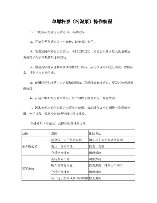 单螺杆泵(污泥泵)操作规程