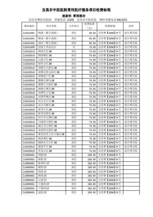 宜昌市中医院常用医疗服务项目收费标准