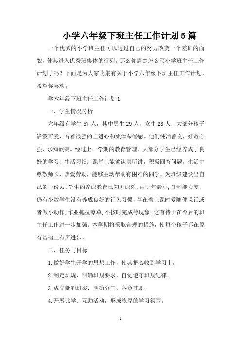 小学六年级下班主任工作计划5篇(精编版)