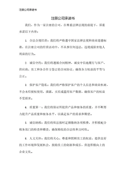 注册公司承诺书
