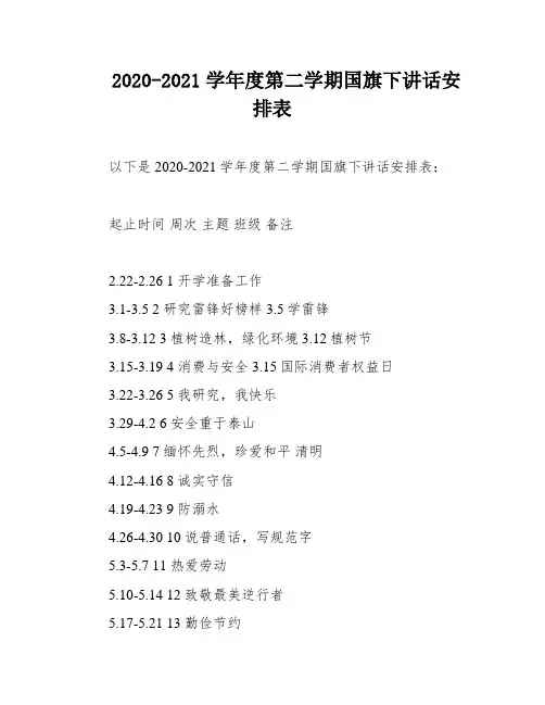2020-2021学年度第二学期国旗下讲话安排表