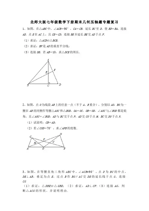 期末几何压轴题专题复习 2020-2021学年 北师大版七年级数学下册